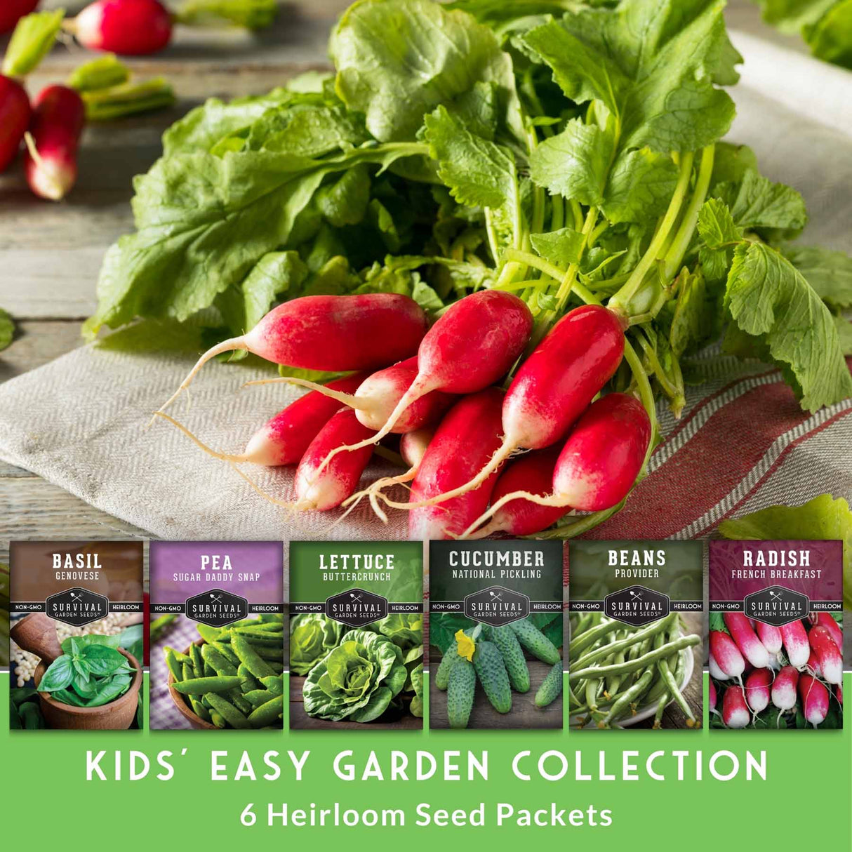 Bunch of radishes with seed packets for a 'Kids' Easy Garden Collection' on a wooden surface.
