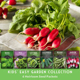 A garden seed packet collection advertisement showing six Survival brand seed packets along with fresh radishes and green leaves on a rustic wooden surface. Text at the bottom reads 'KIDS' EASY GARDEN COLLECTION' and '6 Heirloom Seed Packets'.