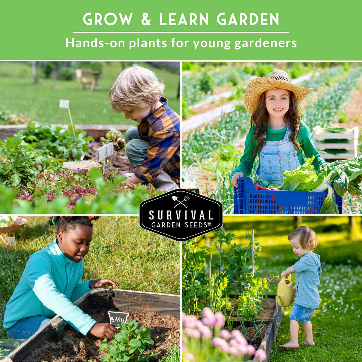 Collage of children gardening with text 'Grow & Learn Garden' and 'Survival Garden Seeds' logo.