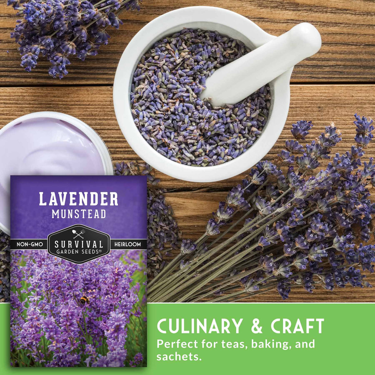 Lavender seeds in a mortar and pestle with dried lavender on a wooden surface, featuring Survival Garden Seeds packaging.