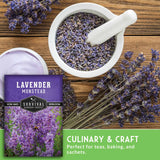 Lavender seeds in a mortar and pestle with dried lavender on a wooden surface, featuring Survival Garden Seeds packaging.