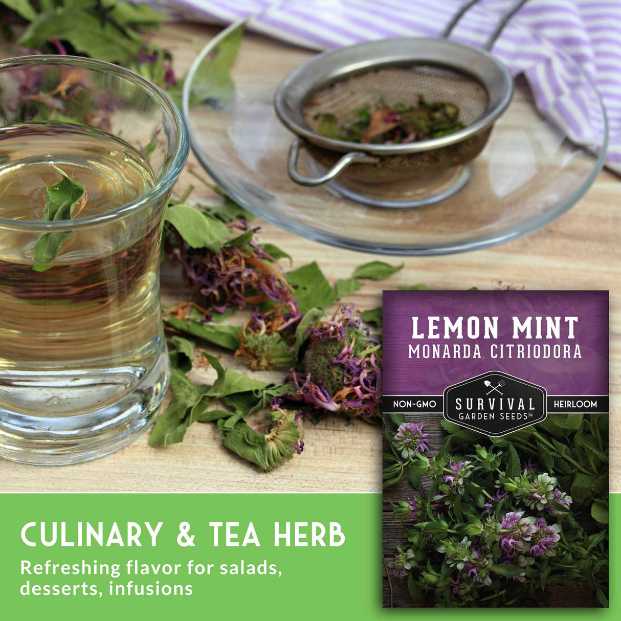 Glass of lemon mint tea with dried herbs and a package of Survival Garden Seeds lemon mint herb on a wooden surface.