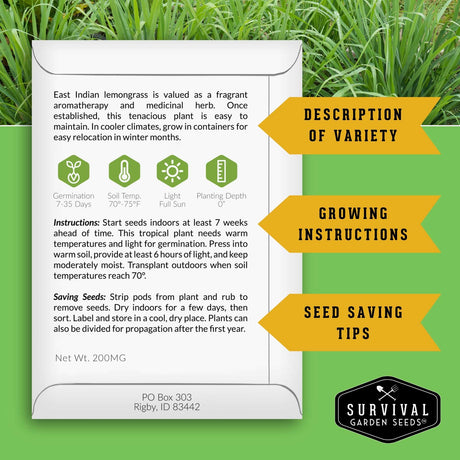 Seed packet with growing instructions and survival garden seeds logo on a green background