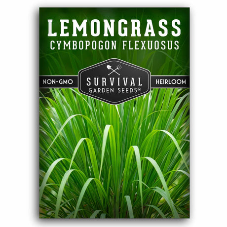 Survival Garden Seeds lemongrass seed packet with green background