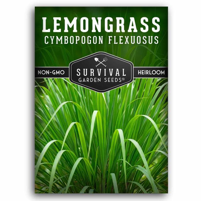 Survival Garden Seeds lemongrass seed packet with green background