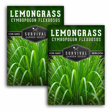 Two packages of Survival Garden Seeds Lemongrass with green grass imagery on a white background.