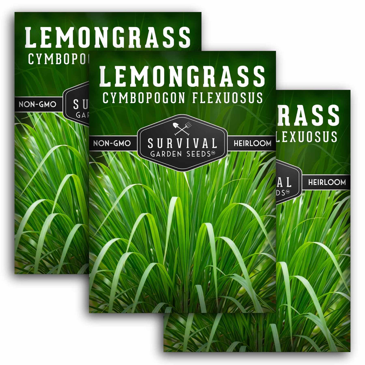 Three packages of Survival Garden Seeds Lemongrass with green grass imagery on a white background.