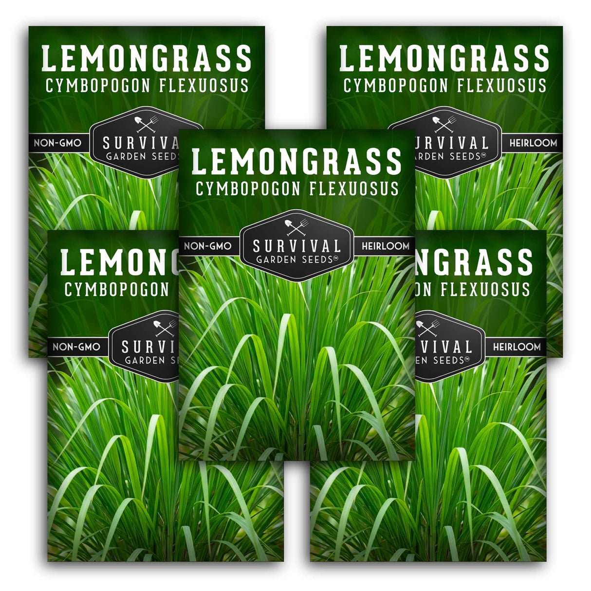 Five packages of Survival Garden Seeds Lemongrass seeds with green grass background