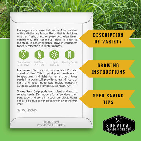Survival Garden Seeds lemongrass seed packet with growing instructions and tips on a green background