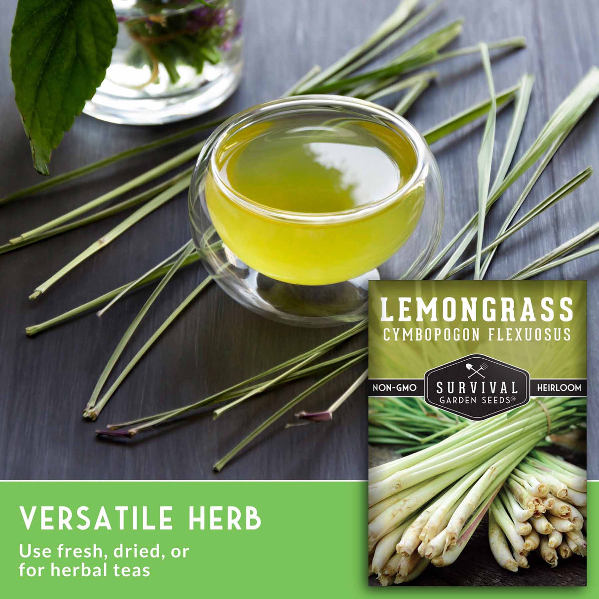 Glass of lemon grass tea with fresh lemon grass leaves and a package of Survival Garden Seeds lemon grass seeds on a wooden surface.