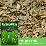 Pile of lemongrass with a seed packet labeled 'Survival Garden Seeds' on a green background.