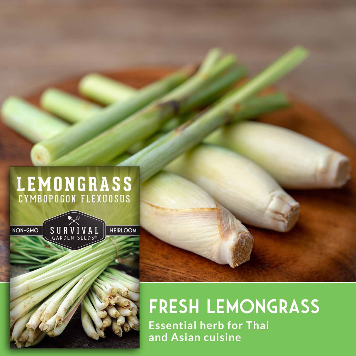 Fresh lemongrass on a wooden board with a seed packet labeled 'Survival Garden Seeds'.