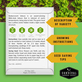 Seed packet for Buttercrunch lettuce with growing instructions and seed saving tips on a green background.