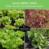 Collage of different types of salad greens with 'Survival Garden Seeds' logo.