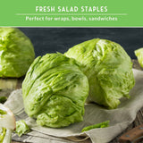 Two heads of green lettuce on a wooden surface with a green banner at the top.