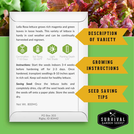 Survival Garden Seeds lettuce seed packet with text and graphics on a green background