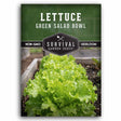 Survival Garden Seeds lettuce seed packet with green salad bowl text and garden background