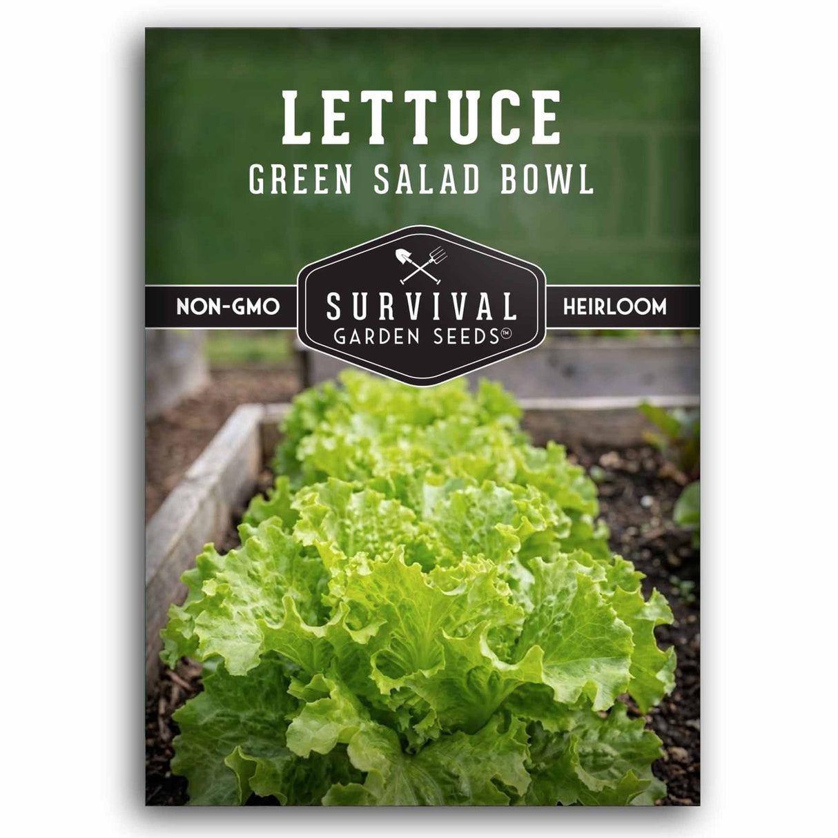 Survival Garden Seeds lettuce seed packet with green salad bowl text and garden background