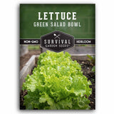 Survival Garden Seeds lettuce seed packet with green salad bowl text and garden background