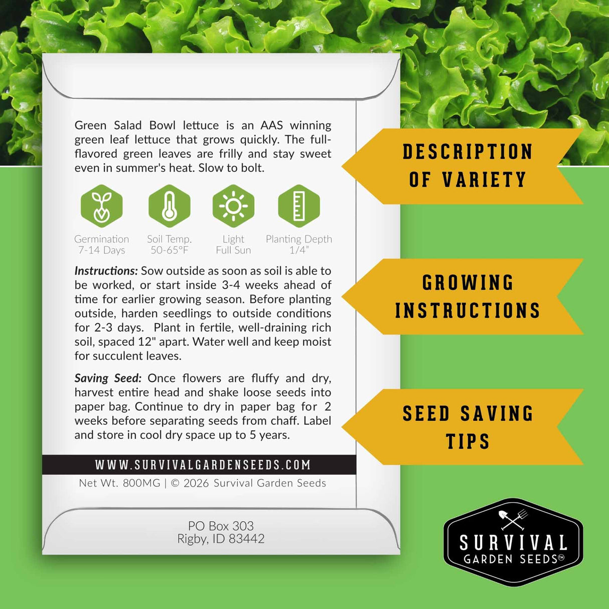 Survival Garden Seeds lettuce seed packet with growing instructions and seed saving tips on a green leafy background.