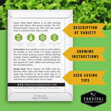 Survival Garden Seeds lettuce seed packet with growing instructions and seed saving tips on a green leafy background.