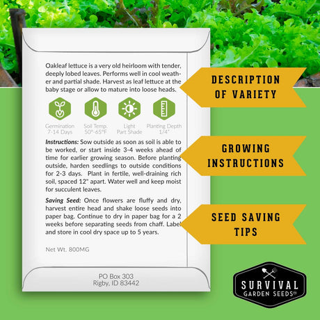 Seed packet for Oakleaf lettuce with growing instructions and seed saving tips on a green background.
