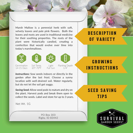Survival Garden Seeds marshmallow seed packet with text and branding