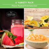 Collage of fruit images with 'Survival Garden Seeds' branding, including watermelon, cantaloupe, and pink juice.