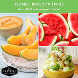 Collage of melons and watermelon with 'Survival Garden Seeds' logo on a green background.