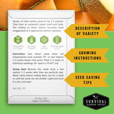 Survival Garden Seeds melon seed packet with text and graphics on a green background