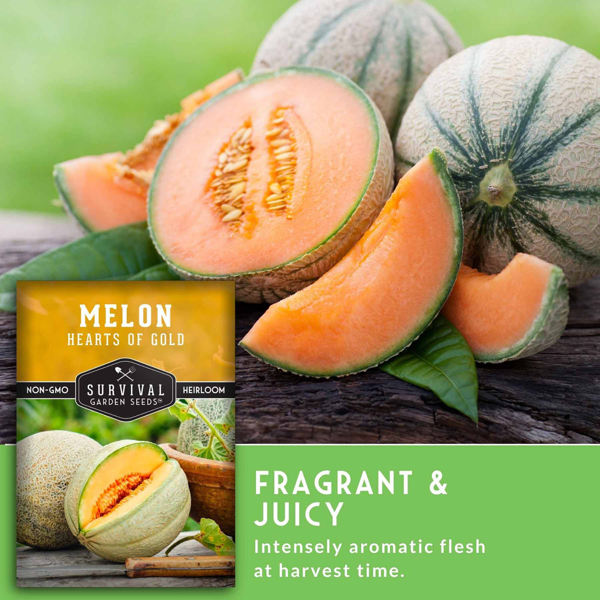 Melon seeds package with sliced melon on a wooden surface