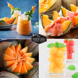 Collage of images featuring cantaloupe, including a drink, sliced melon, and cantaloupe seeds.
