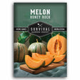 Seed packet for Survival Garden Seeds Honey Rock Melon, featuring a dark green background with white text and a photo of whole and sliced cantaloupe melons on a wooden cutting board.