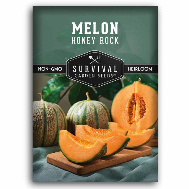 Seed packet for Survival Garden Seeds Honey Rock Melon, featuring a dark green background with white text and a photo of whole and sliced cantaloupe melons on a wooden cutting board.