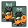 Two seed packets of Survival Garden Seeds Melon Honey Rock shown overlapping on a white background. The packets feature a dark green background with a photo of whole and sliced cantaloupe melons on wooden boards.