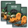 Three seed packet packages of Survival Garden Seeds Melon Honey Rock Heirloom non-GMO seeds, arranged in a staggered fan layout on a white background.