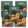Five seed packet packages for 'Melon Honey Rock' survival garden seeds arranged in a fan shape. The packaging features a dark green background with illustrations of green-striped melons, sliced orange melon flesh on wooden boards, and white text.