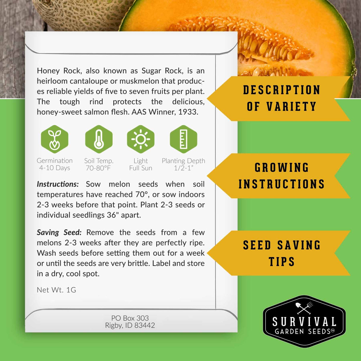 A printed informational card for Honey Rock melon seeds by Survival Garden Seeds, shown on a green background with a melon slice graphic. The card includes growing instructions, seed saving tips, and a description of the variety, with yellow callout arrows labeling sections.