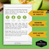 Survival Garden Seeds honeydew melon seed packet with growing instructions and product details.