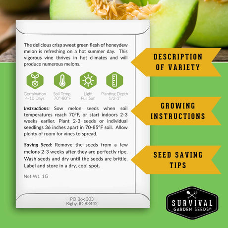 Survival Garden Seeds honeydew melon seed packet with growing instructions and product details.