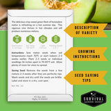 Survival Garden Seeds packaging for honeydew melon seeds with text and branding.