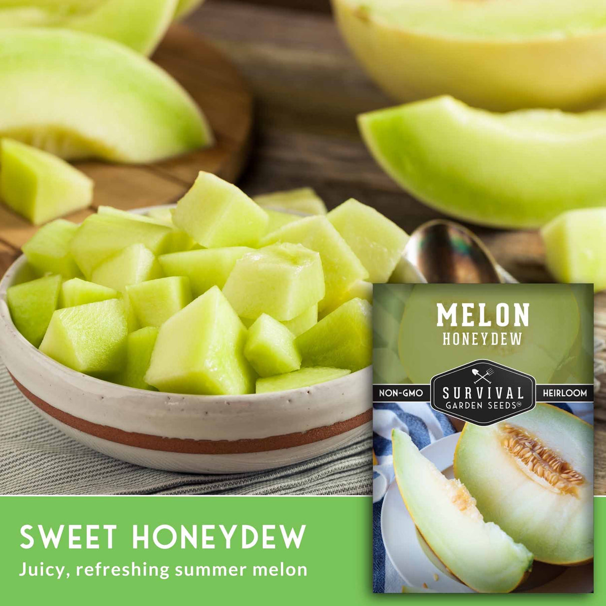 Diced honeydew melon in a bowl with a package of Survival Garden Seeds honeydew melon seed packet.