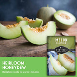 Melon honeydew with slices on a wooden surface and a package labeled 'Melon Honeydew' by Survival Garden Seeds.