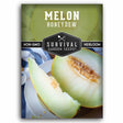 Survival Garden Seeds Melon Honeydew package with a sliced melon on a white plate.