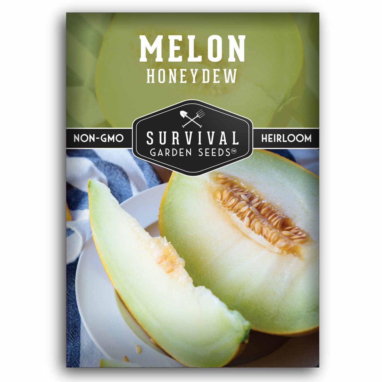 Survival Garden Seeds Melon Honeydew package with a sliced melon on a white plate.