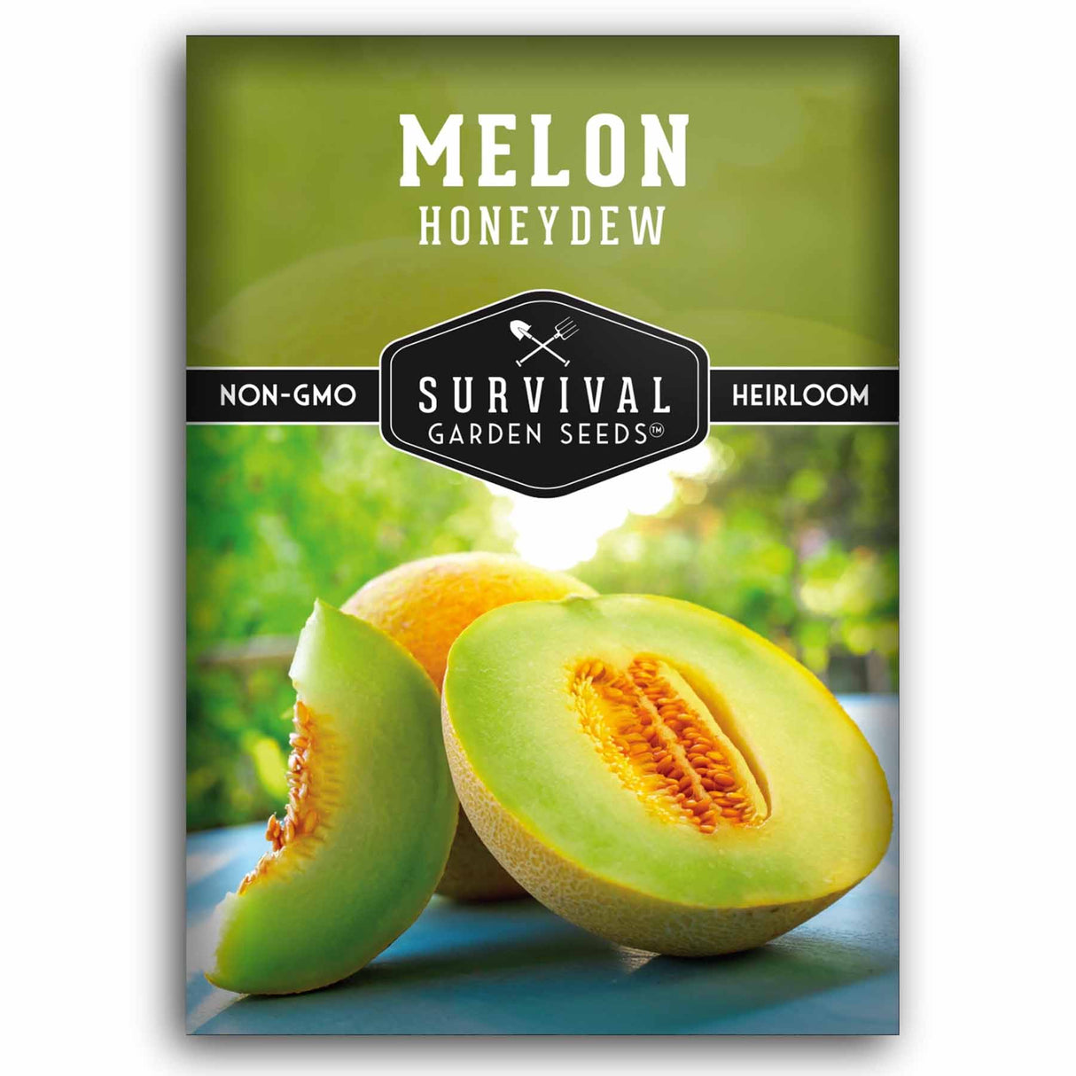 A package of Survival Garden Seeds Honeydew Melon seeds, featuring a green and yellow cantaloupe melon illustration on a white background.