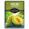 A package of Survival Garden Seeds Honeydew Melon seeds, featuring a green and yellow cantaloupe melon illustration on a white background.
