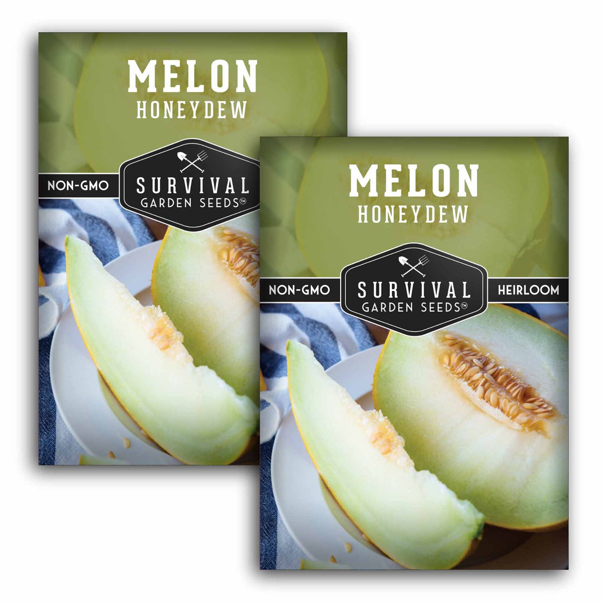 Two packages of Survival Garden Seeds Melon Honeydew on a white background