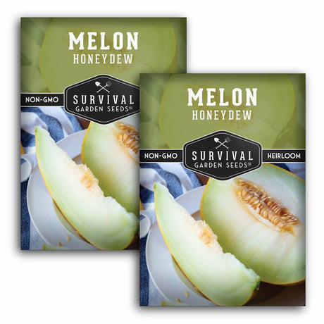 Two packages of Survival Garden Seeds Melon Honeydew on a white background