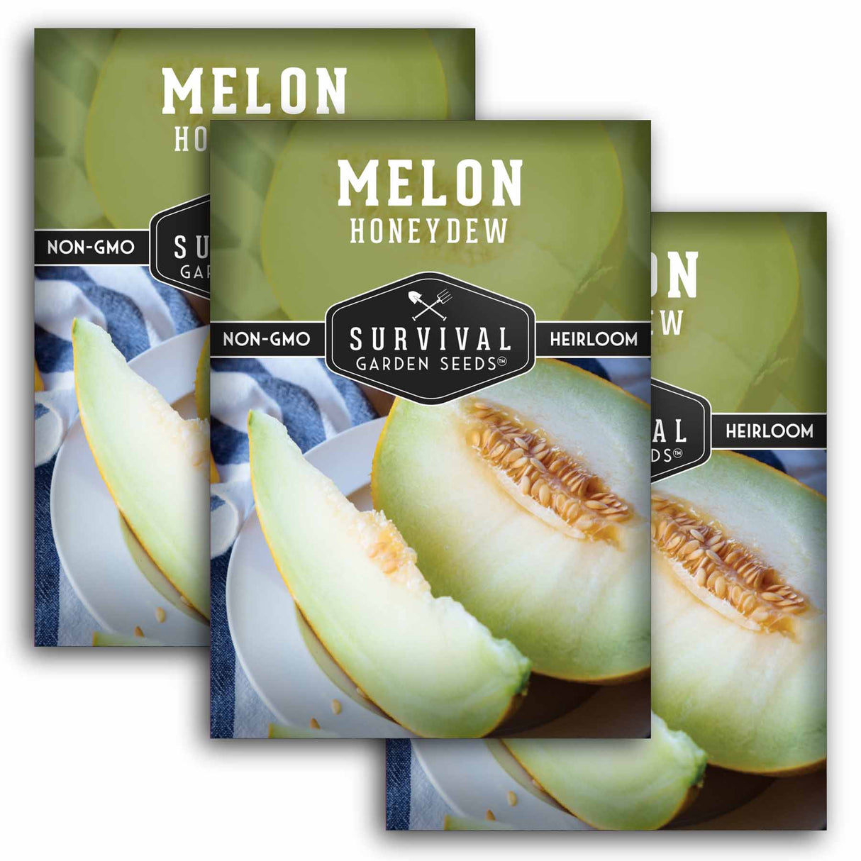 Three packages of Survival Garden Seeds Melon Honeydew on a white background